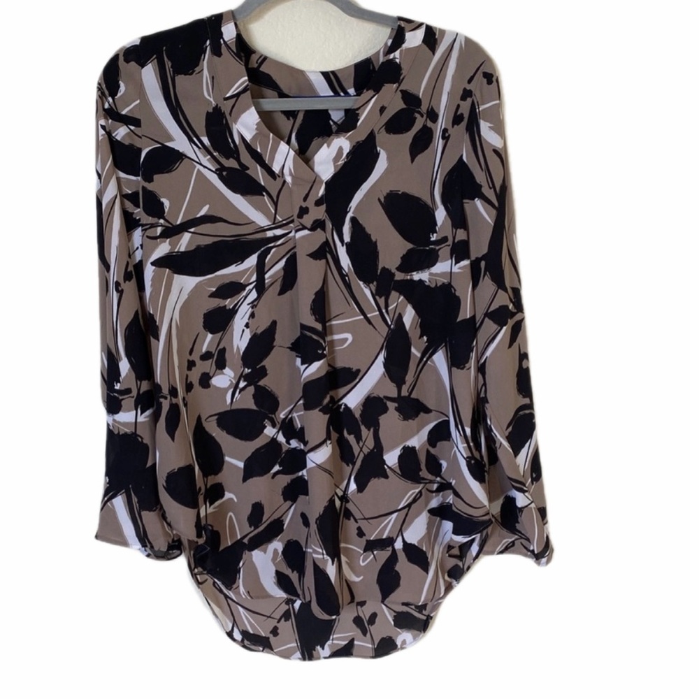 Apt. 9 Black and Tan Leaf Print V-Neck High Low Long Sleeve Blouse Size S